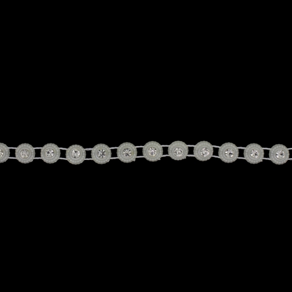 PLASTIC BEADED TRIM GARLAND - DISK 01 WITH CRYSTAL - 8x5mm ECRU WITH WHITE - ROLL 10yards(9m)