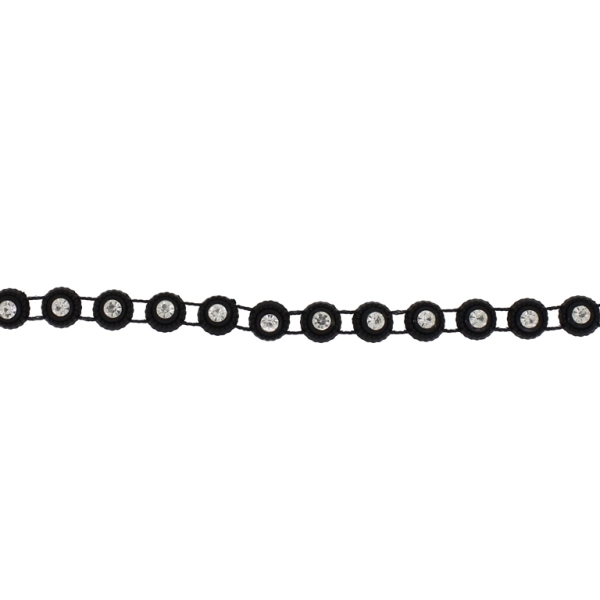 PLASTIC BEADED TRIM GARLAND - DISK 01 WITH CRYSTAL - 8x5mm BLACK WITH WHITE - ROLL 10yards(9m)