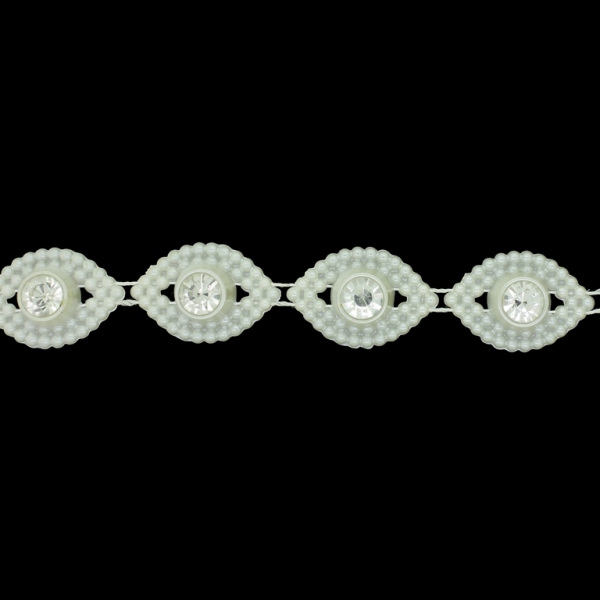 PLASTIC BEADED TRIM GARLAND - EYE 01 WITH CRYSTAL - 30x20x8mm ECRU - ROLL 5yards(4.5m)