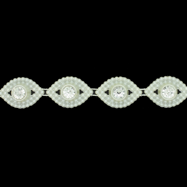 PLASTIC BEADED TRIM GARLAND - EYE 01 WITH CRYSTAL - 30x20x8mm ECRU (DARK) - ROLL 5yards(4.5m)