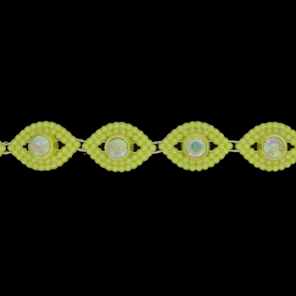 PLASTIC BEADED TRIM GARLAND - EYE 01 WITH CRYSTAL AB - 30x20x8mm YELLOW AB - ROLL 5yards(4.5m)