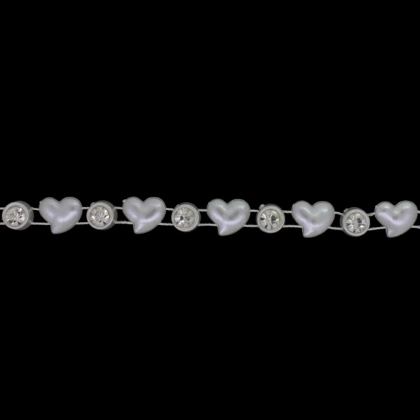 PLASTIC BEADED TRIM GARLAND - HEART 01 AND CRYSTAL - 13x11mm ECRU (LIGHT) - ROLL 10yards(9m)