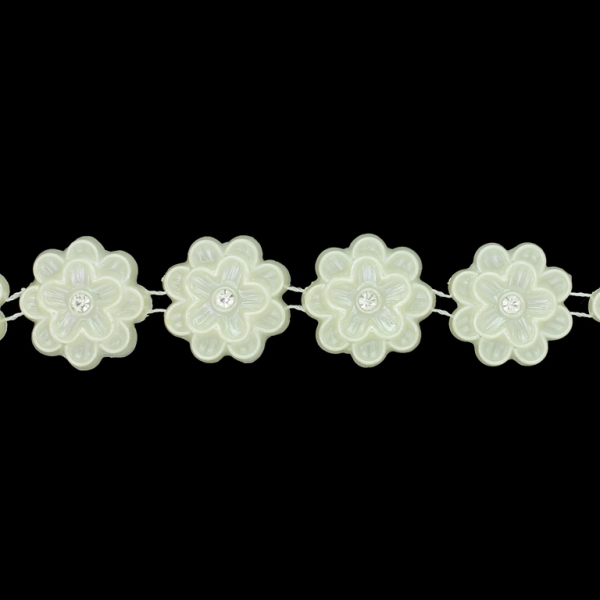 PLASTIC BEADED TRIM GARLAND - FLOWER 01 WITH CRYSTAL - 25x5mm ECRU (DARK) - ROLL 5yards(4.5m)