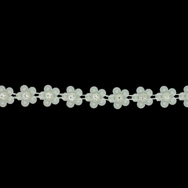 PLASTIC BEADED TRIM GARLAND - FLOWER 02 WITH CRYSTAL - 14x5mm ECRU - ROLL 10yards(9m)