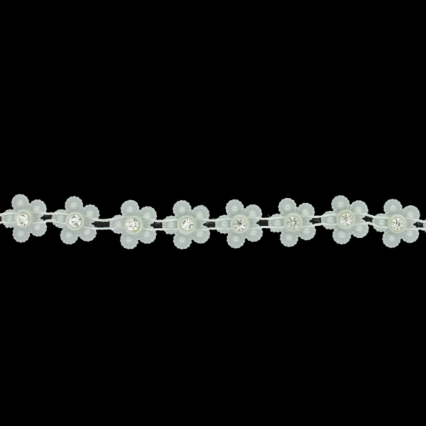 PLASTIC BEADED TRIM GARLAND - FLOWER 02 WITH CRYSTAL - 14x5mm ECRU (LIGHT) - ROLL 10yards(9m)