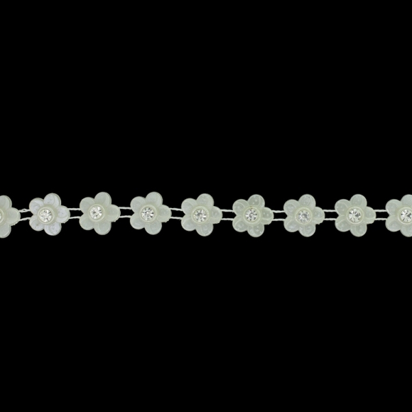 PLASTIC BEADED TRIM GARLAND - FLOWER 03 WITH CRYSTAL - 12x5mm ECRU - ROLL 10yards(9m)