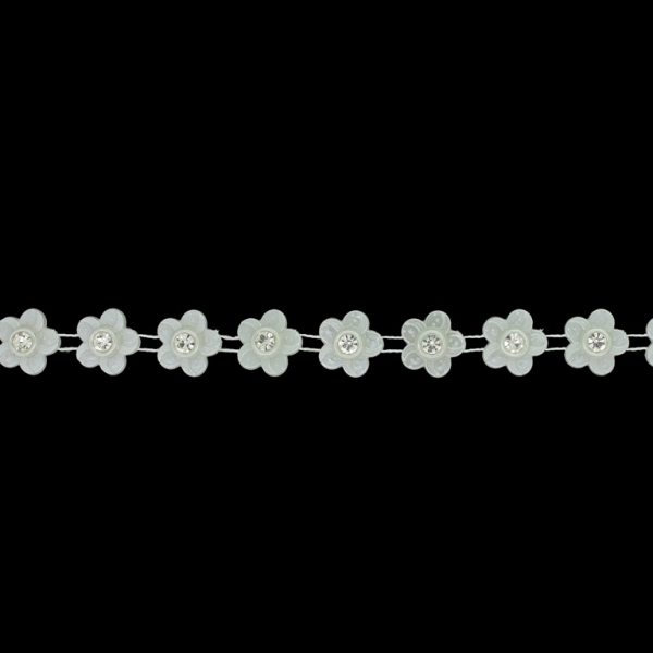 PLASTIC BEADED TRIM GARLAND - FLOWER 03 WITH CRYSTAL - 12x5mm ECRU (LIGHT) - ROLL 10yards(9m)