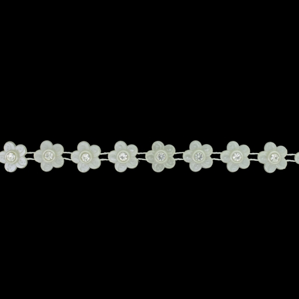 PLASTIC BEADED TRIM GARLAND - FLOWER 03 WITH CRYSTAL - 12x5mm ECRU (DARK) - ROLL 10yards(9m)