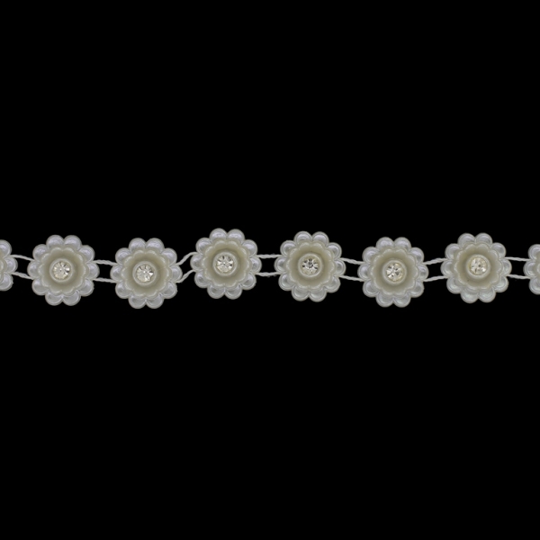 PLASTIC BEADED TRIM GARLAND - FLOWER 07 WITH CRYSTAL - 16x5mm ECRU - ROLL 10yards(9m)