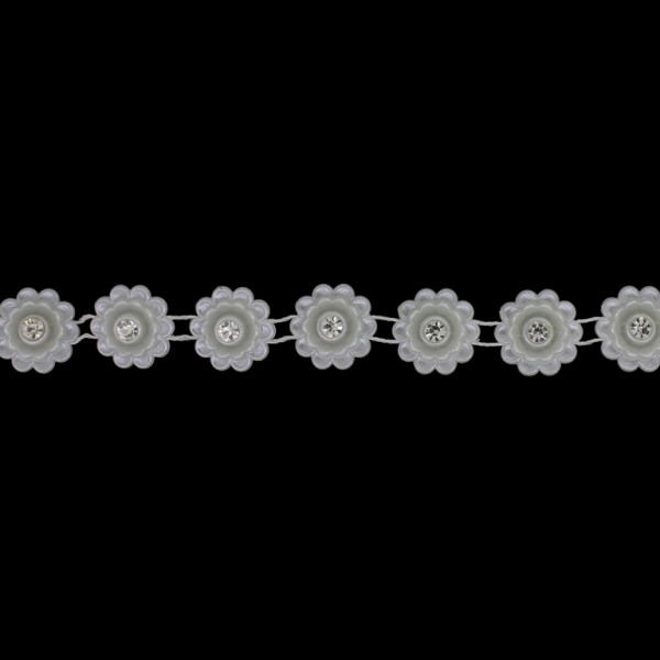 PLASTIC BEADED TRIM GARLAND - FLOWER 07 WITH CRYSTAL - 16x5mm ECRU (LIGHT) - ROLL 10yards(9m)