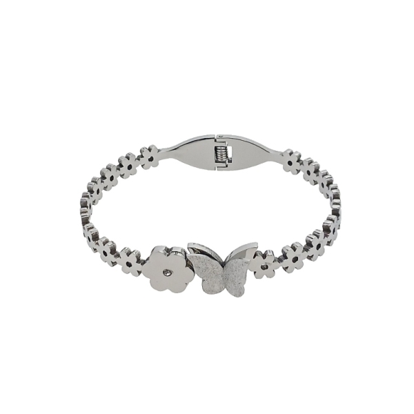 JEWELRY - HARD BRACELET - STAINLESS STEEL - BUTTERFLY 01 AND FLOWERS - 6x4.5cm NICKEL - 1pc.