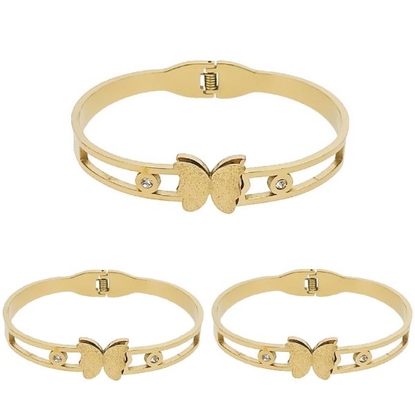 JEWELRY - HARD BRACELET - STAINLESS STEEL - BUTTERFLY 01 AND CRYSTALS HOOPS - 6x4.5cm GOLD - PACKAGE 3pcs.