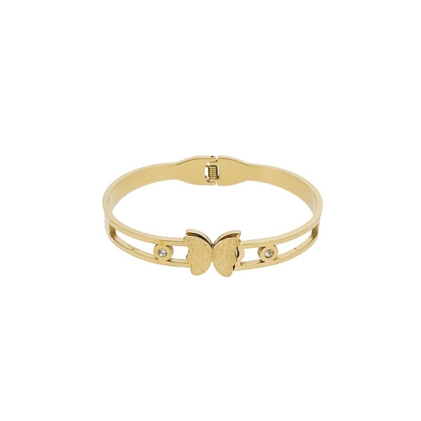 JEWELRY - HARD BRACELET - STAINLESS STEEL - BUTTERFLY 01 AND CRYSTALS HOOPS - 6x4.5cm GOLD - 1pc.