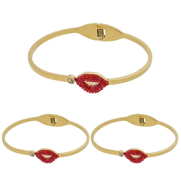 JEWELRY - HARD BRACELET - STAINLESS STEEL WITH CRYSTALS - LIPS 01 - 6x4.5cm GOLD WITH RED - PACKAGE 3pcs.