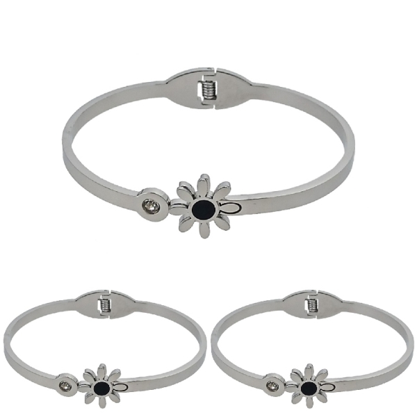 JEWELRY - HARD BRACELET - STAINLESS STEEL PENDANT AND CRYSTAL - FLOWER 01 - 6x4.5cm NICKEL AND BLACK - PACKAGE 3pcs.