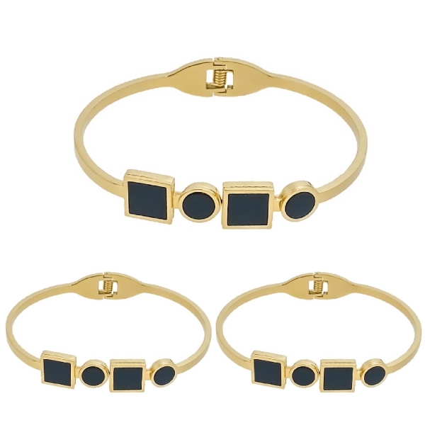 JEWELRY - HARD BRACELET - STAINLESS STEEL PENDANT - CIRCLE AND SQUARE 01 - 6x4.5cm GOLD AND BLACK - PACKAGE 3pcs.