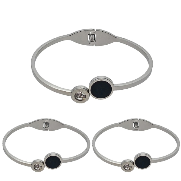 JEWELRY - HARD BRACELET - STAINLESS STEEL PENDANT AND CRYSTAL - CIRCLE WITH ROMAN NUMERALS 02 - 6x4.5cm NICKEL AND BLACK - PACKAGE 3pcs.