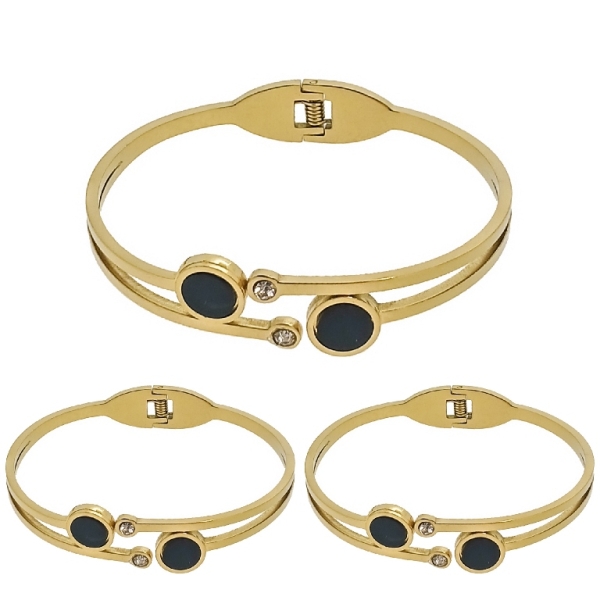 JEWELRY - HARD BRACELET - STAINLESS STEEL PENDANT AND CRYSTALS - CIRCLES 01 - 6x4.5cm GOLD AND BLACK - PACKAGE 3pcs.