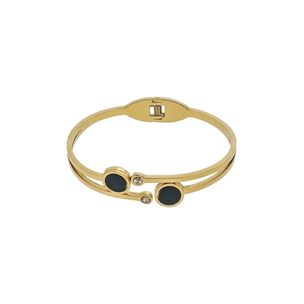 JEWELRY - HARD BRACELET - STAINLESS STEEL PENDANT AND CRYSTALS - CIRCLES 01 - 6x4.5cm GOLD AND BLACK - 1pc.