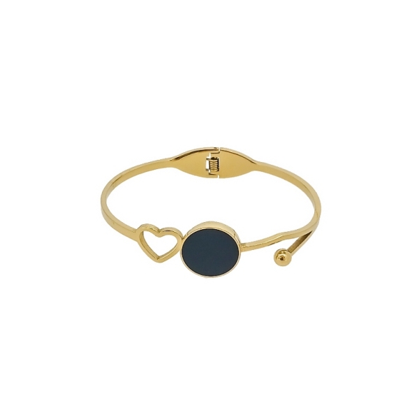 JEWELRY - HARD BRACELET - STAINLESS STEEL PENDANT - CIRCLE AND HEART CONTOUR 01 - 6x4.5cm GOLD AND BLACK - 1pc.