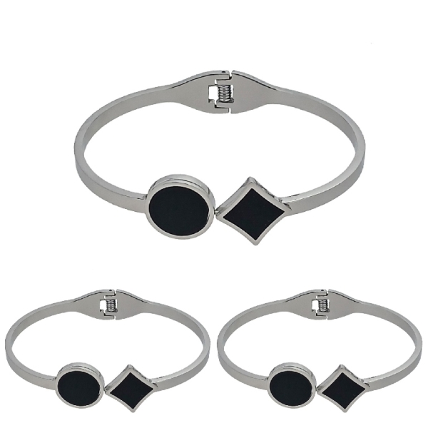 JEWELRY - HARD BRACELET - STAINLESS STEEL PENDANT - CIRCLE AND RHOMBUS 01 - 6x4.5cm NICKEL AND BLACK - PACKAGE 3pcs.