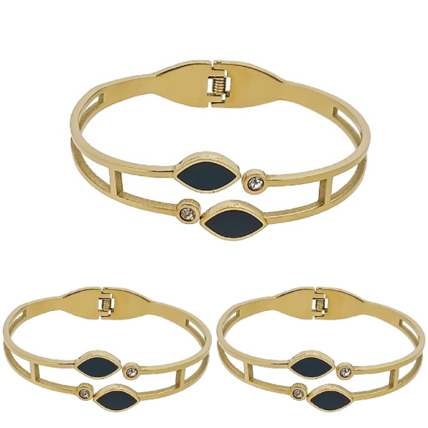 JEWELRY - HARD BRACELET - STAINLESS STEEL PENDANT AND CRYSTAL - ELLIPSE 01 - 6x4.5cm GOLD AND BLACK - PACKAGE 3pcs.