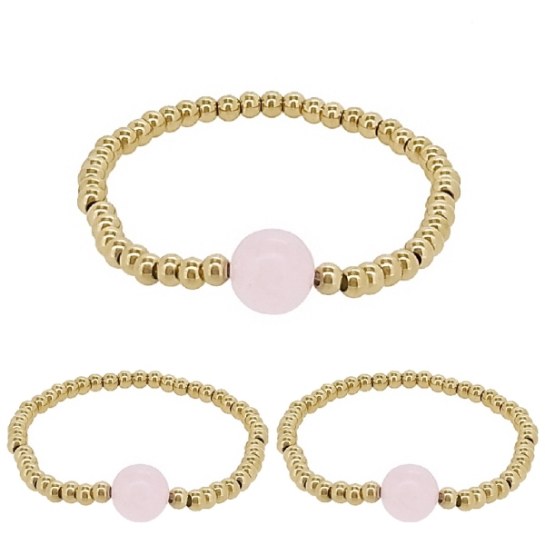 JEWELRY - ELASTIC BRACELET - STAINLESS STEEL - BALL 4mm - NATURAL STONE 01 - GOLD AND PINK - PACKAGE 3pcs.