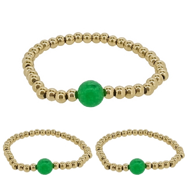 JEWELRY - ELASTIC BRACELET - STAINLESS STEEL - BALL 5mm - NATURAL STONE 01 - GOLD AND GREEN - PACKAGE 3pcs.