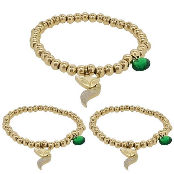 JEWELRY - ELASTIC BRACELET WITH PENDANT - STAINLESS STEEL - BALL 5mm - FOX AND CRYSTAL 01 - GOLD AND GREEN - PACKAGE 3pcs.