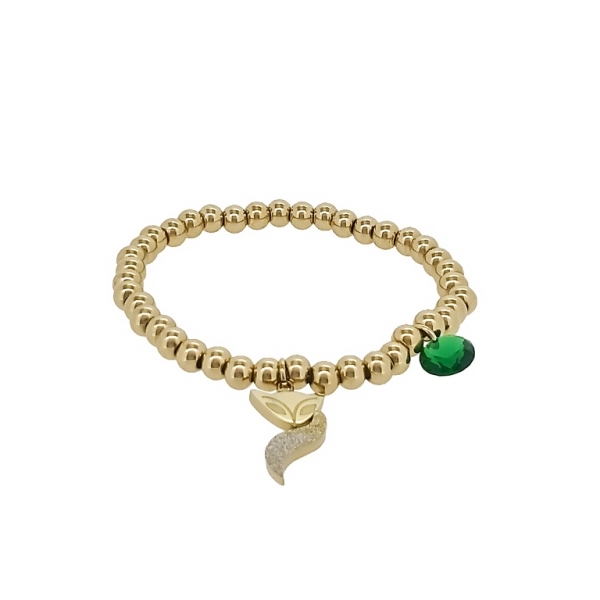 JEWELRY - ELASTIC BRACELET WITH PENDANT - STAINLESS STEEL - BALL 5mm - FOX AND CRYSTAL 01 - GOLD AND GREEN - 1pc.