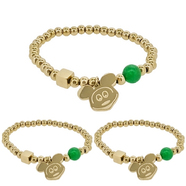 JEWELRY - ELASTIC BRACELET WITH PENDANT - STAINLESS STEEL - BALL 5mm - NATURAL STONE 02 - MICKEY AND CRYSTAL 01 - GOLD AND GREEN - PACKAGE 3pcs.