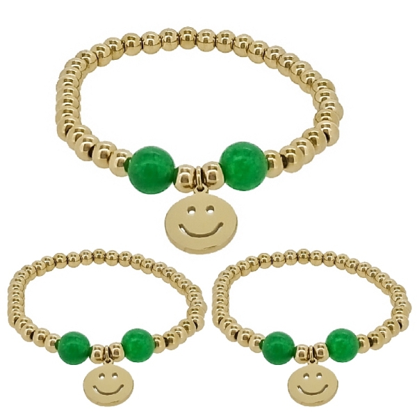 JEWELRY - ELASTIC BRACELET WITH PENDANT - STAINLESS STEEL - BALL 5mm - NATURAL STONE 03 - EMOTICON 01 - GOLD AND GREEN - PACKAGE 3pcs.