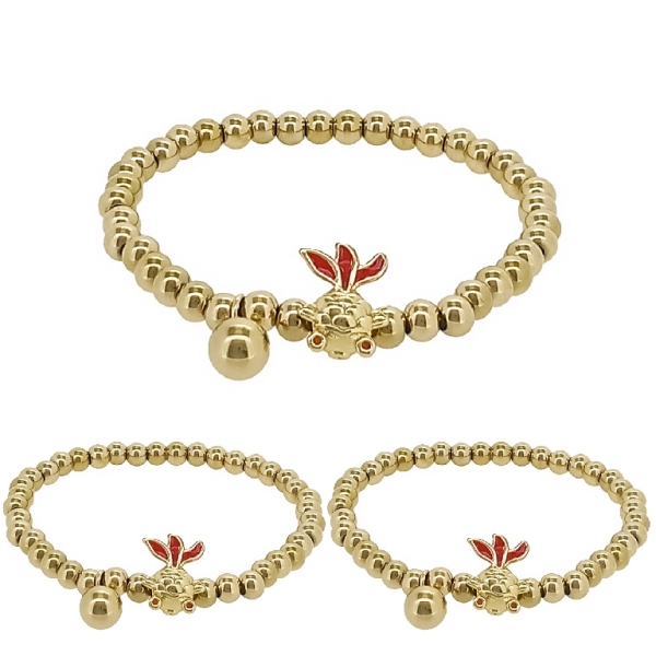 JEWELRY - ELASTIC BRACELET WITH PENDANT - STAINLESS STEEL - BALL 5mm - FISH AND BALL 01 - GOLD AND RED - PACKAGE 3pcs.