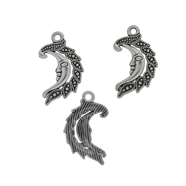 METAL BEADS - PENDANT - MOON WITH RELIEF FILIGREE 01 - 17x28x3mm NICKEL - 3pcs.  Hole-2.2mm