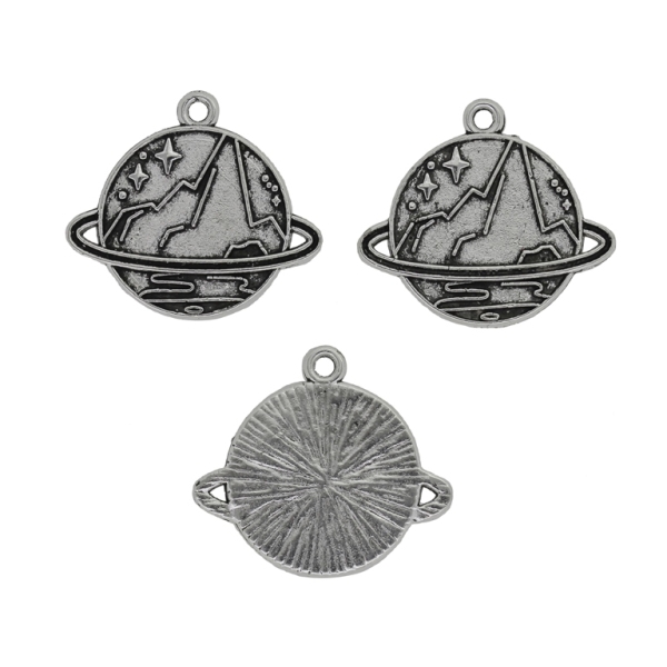 METAL BEADS - PENDANT - PLANET SATURN WITH RELIEF 01 - 28x25x2mm NICKEL - 3pcs.  Hole-2.2mm