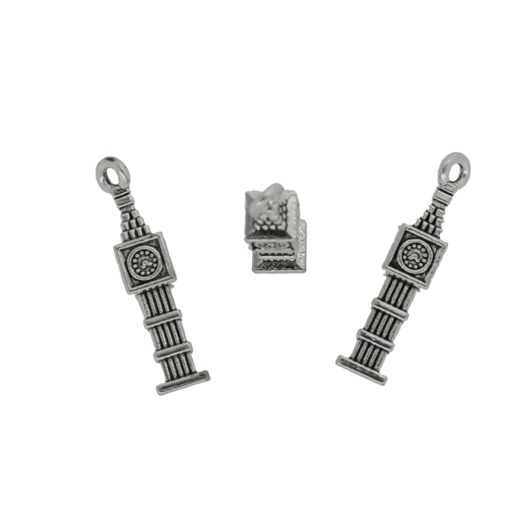 METAL BEADS - PENDANT - BIG BEN CLOCK TOWER - 8x27x8mm NICKEL - PACKAGE 40pcs.  Hole-2.0mm