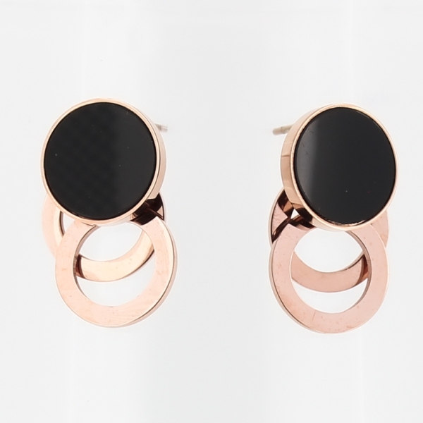 JEWELRY - EARRINGS - SCREW - STAINLESS STEEL AND RESIN - CIRCLES 03 - 1.5x2.5cm ROSE GOLD AND BLACK - 1 pair