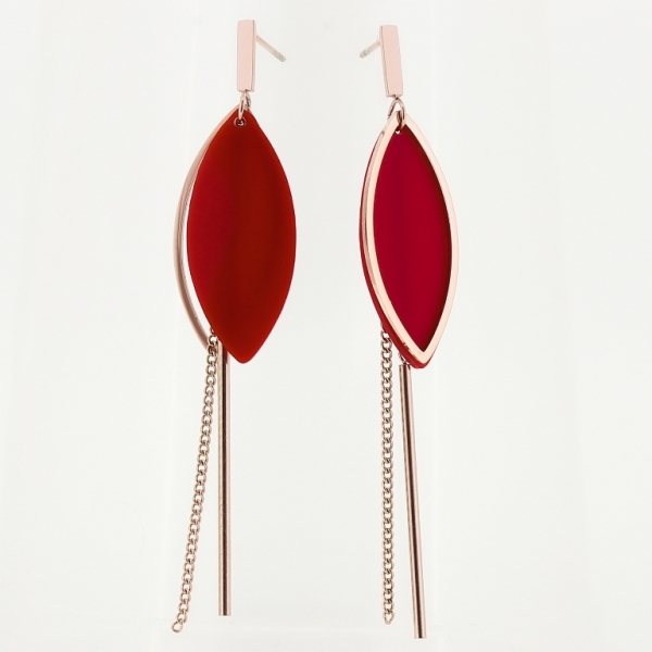 JEWELRY - EARRINGS - SCREW - STAINLESS STEEL AND RESIN - ROD 03 WITH ELLIPSES - 1.5x7.5cm ROSE GOLD AND RED - 1 pair