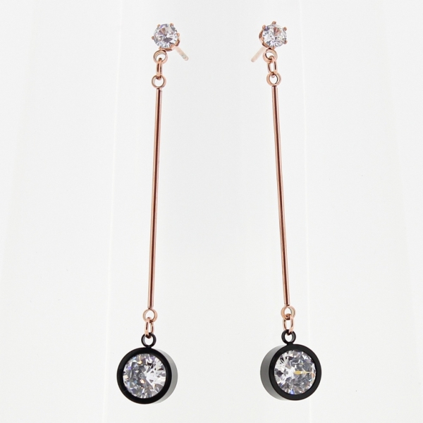 JEWELRY - EARRINGS - SCREW - STAINLESS STEEL AND ZIRCON - ROD 02 WITH CIRCLE - 1x6cm ROSE GOLD AND BLACK - 1 pair