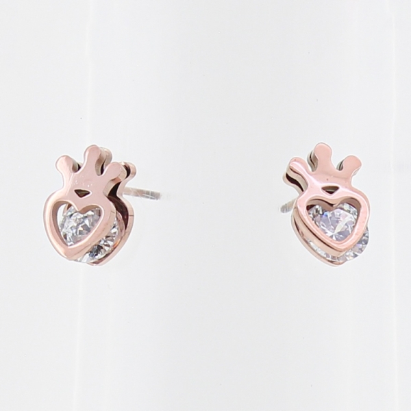 JEWELRY - EARRINGS - SCREW - STAINLESS STEEL AND ZIRCON - HEART WITH CROWN 01 - 0.8x1.2cm ROSE GOLD - PACKAGE 6 pairs