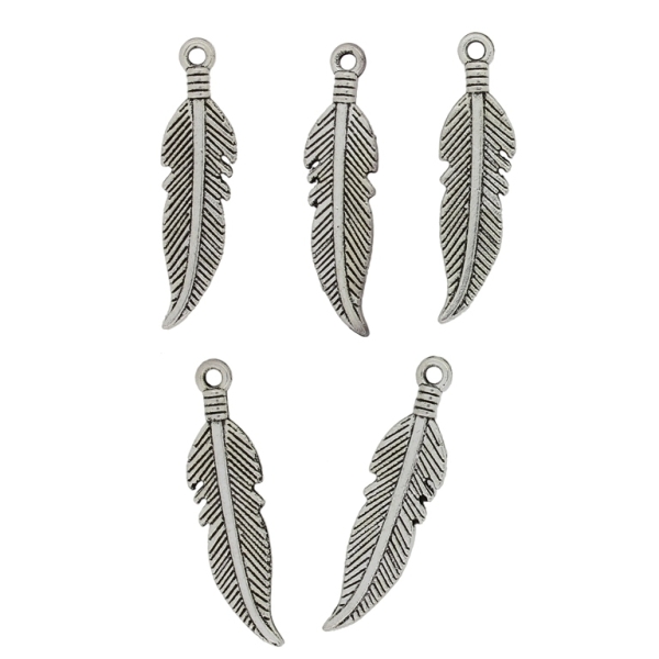 METAL BEADS - PENDANT - FEATHER 03 - 7x26x2mm NICKEL - 8pcs.  Hole-1.4mm