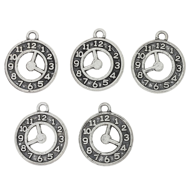 METAL BEADS - PENDANT - CLOCK 01 - 18x22x2mm NICKEL - 6pcs.  Hole-2.3mm