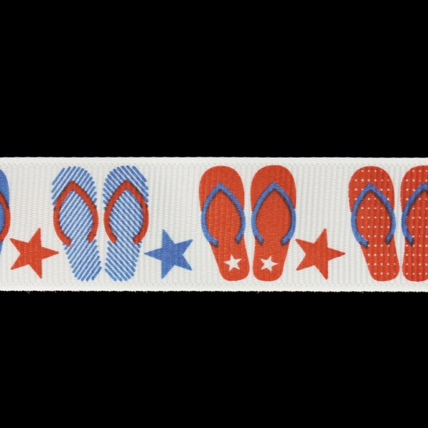 GROSGRAIN RIBBON - PRINT - FLIP FLOPS 01 - 23mm WHITE AND RED-BLUE - 50yards(45m)