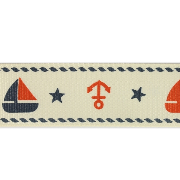 GROSGRAIN RIBBON - PRINT - SHIP AND ANCHOR 01 - 25mm ECRU AND RED-GRAY - 50yards(45m)