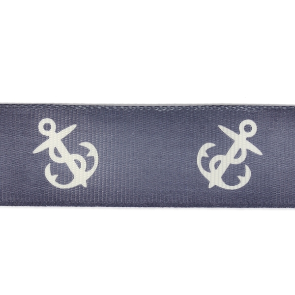 GROSGRAIN RIBBON - PRINT - ANCHOR 03 WITH ROPE - 25mm BLUE (DARK) AND WHITE - 50yards(45m)