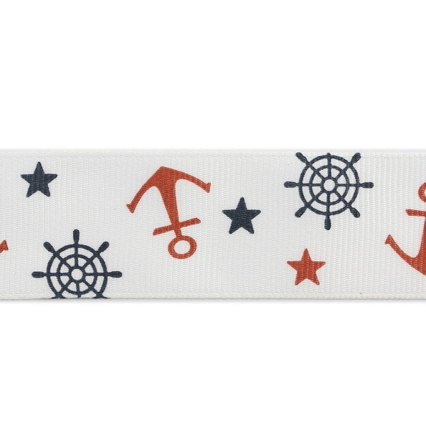 GROSGRAIN RIBBON - PRINT - ANCHOR AND RUDDER 01 - 25mm WHITE AND GRAY-CORAL - 50yards(45m)