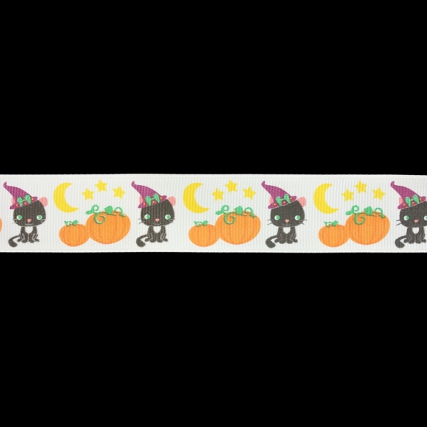 GROSGRAIN RIBBON - PRINT - CAT WITH PUMPKINS AND MOON - 25mm WHITE AND BLACK-ORANGE-YELLOW - 50yards(45m)