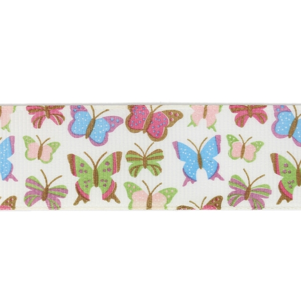 GROSGRAIN RIBBON - PRINT - BUTTERFLIES 02 - 25mm WHITE AND MIX - 100yards(91m)