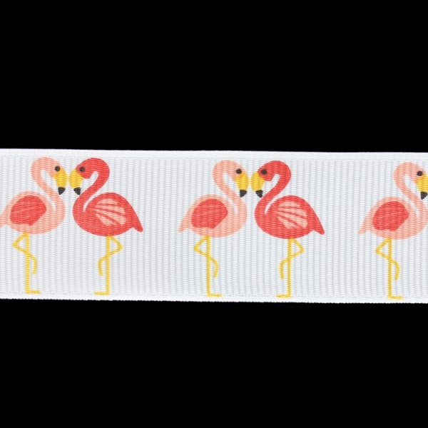 GROSGRAIN RIBBON - PRINT - OWLS 01 - 25mm WHITE AND RED-YELLOW - 50meters