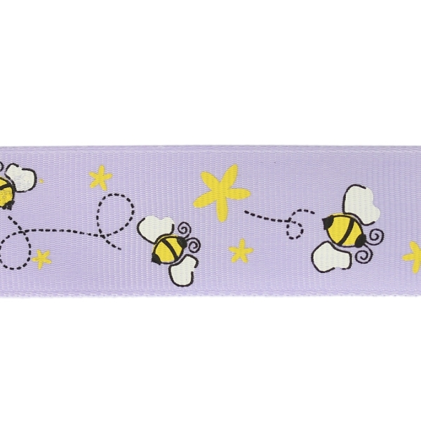 GROSGRAIN RIBBON - PRINT - BEES 01 - 25mm PURPLE AND WHITE-YELLOW - 50meters